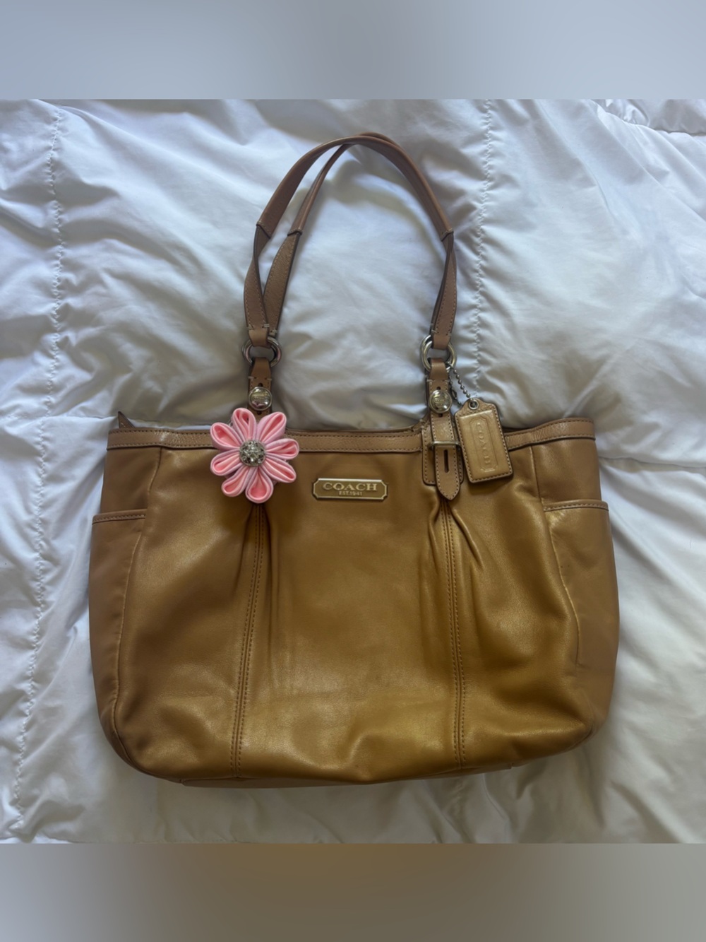 Coach Tan Leather Shoulder Tote with Pink Handmade Flower Charm